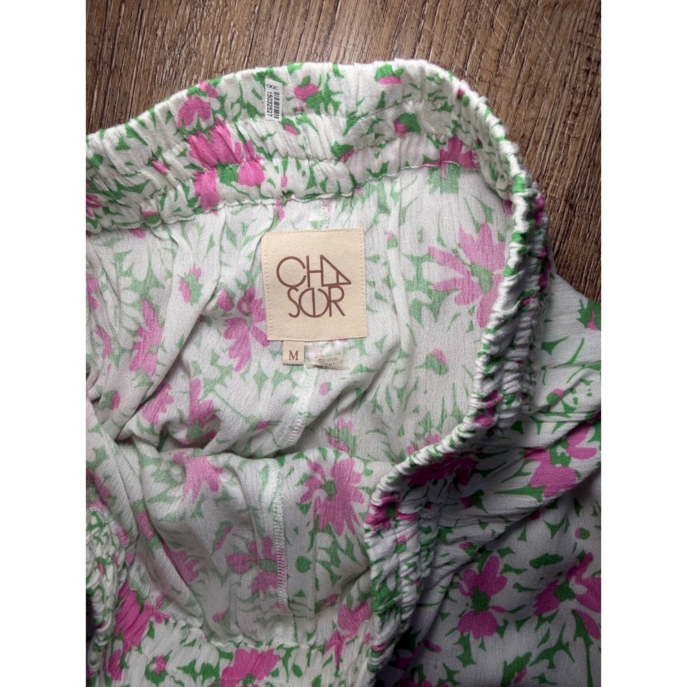 Chaser Floral Wide Leg Pants Medium Pink‎ Green Daisy Print Rayon CHA7130-GRS - Picture 4 of 8